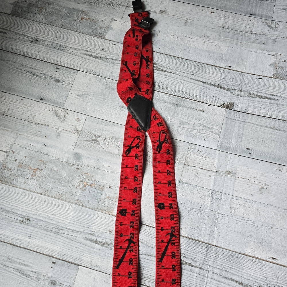 Men's Suspenders X Style Black on Red Measuring Tools - Picture 4 of 7